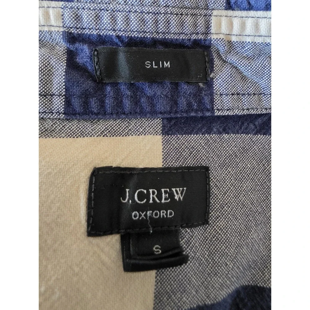 J.Crew Men's Long Sleeve Flannel Button-Up Shirt S Blue Beige Check Cotton